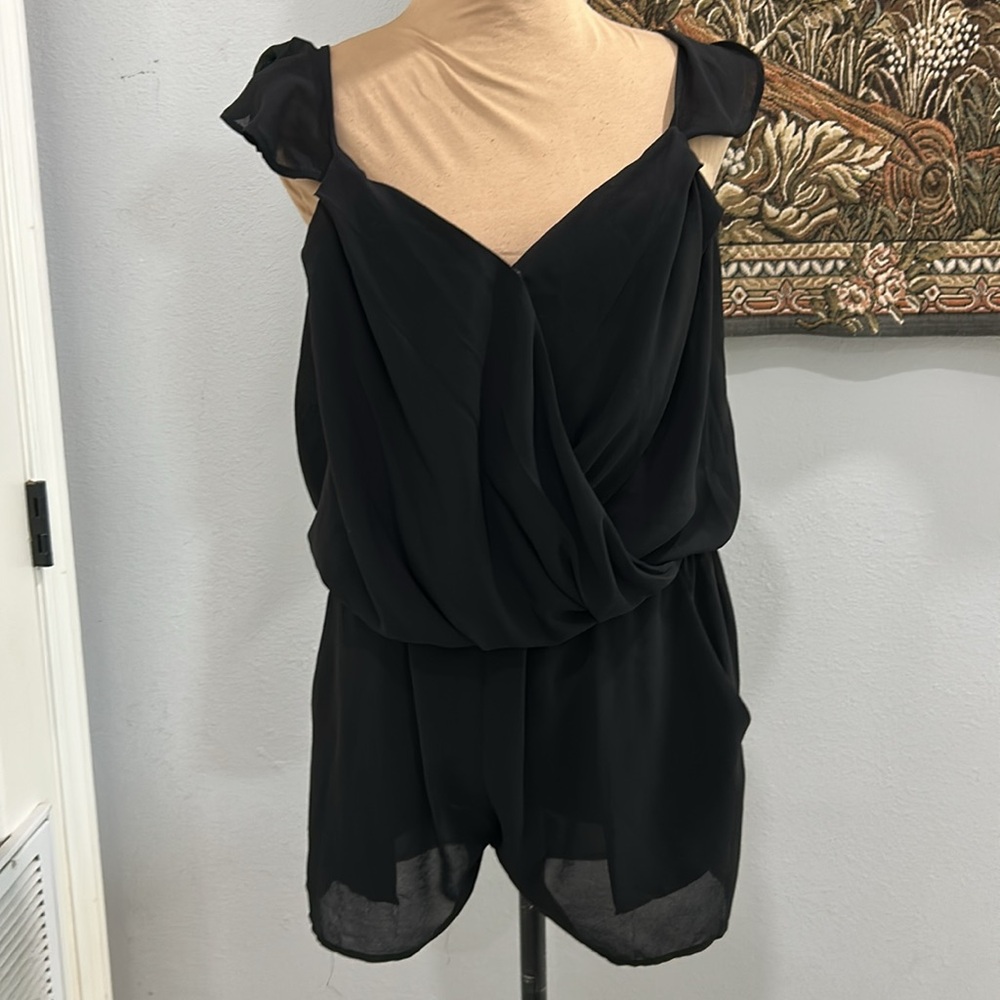 Lucca Couture Black Chiffon Flutter Sleeve Chiffon V Neck Romper. Size M